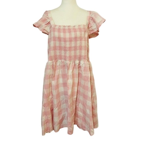 Old Navy Pink White Gingham XXL Smocked Square Neck Flutter Sleeve‎ Dress - Picture 3 of 8